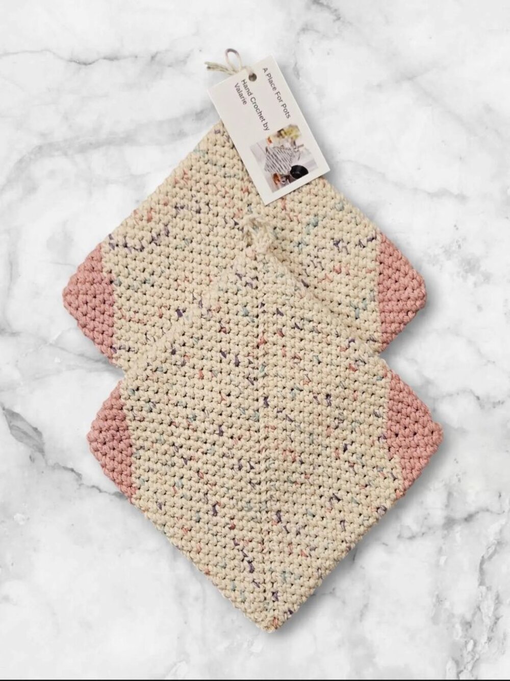 Crochet Potholder Set of 2: Pink & Beige Cotton, Double Layer Heat Resistant - Picture 3 of 3
